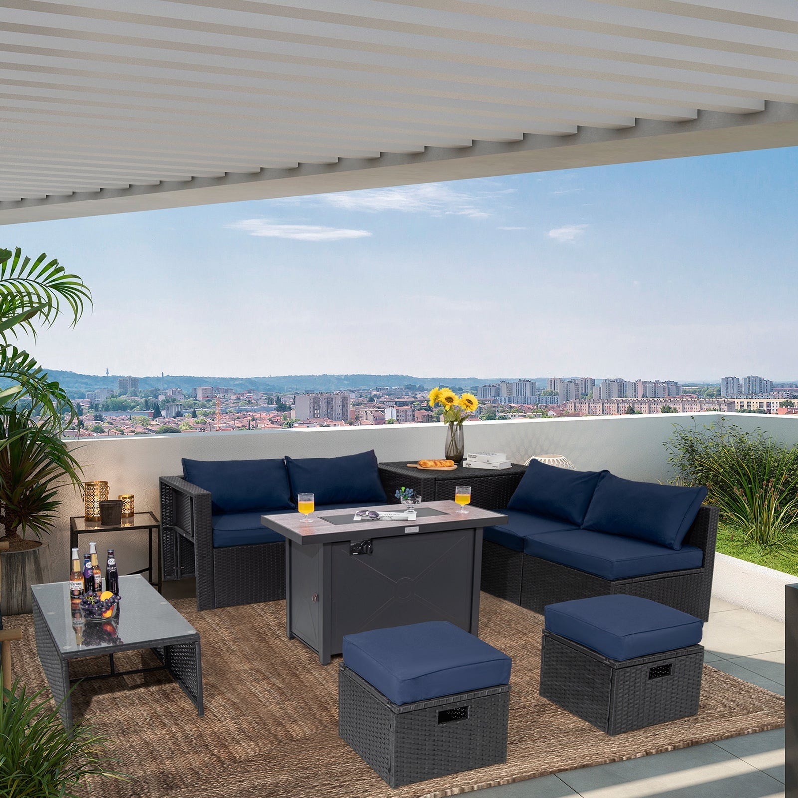 9 Pieces Outdoor PE Rattan Wicker Sectional Sofa with 42 Inch 60 000 BTU Gas Fire Pit Table-Navy