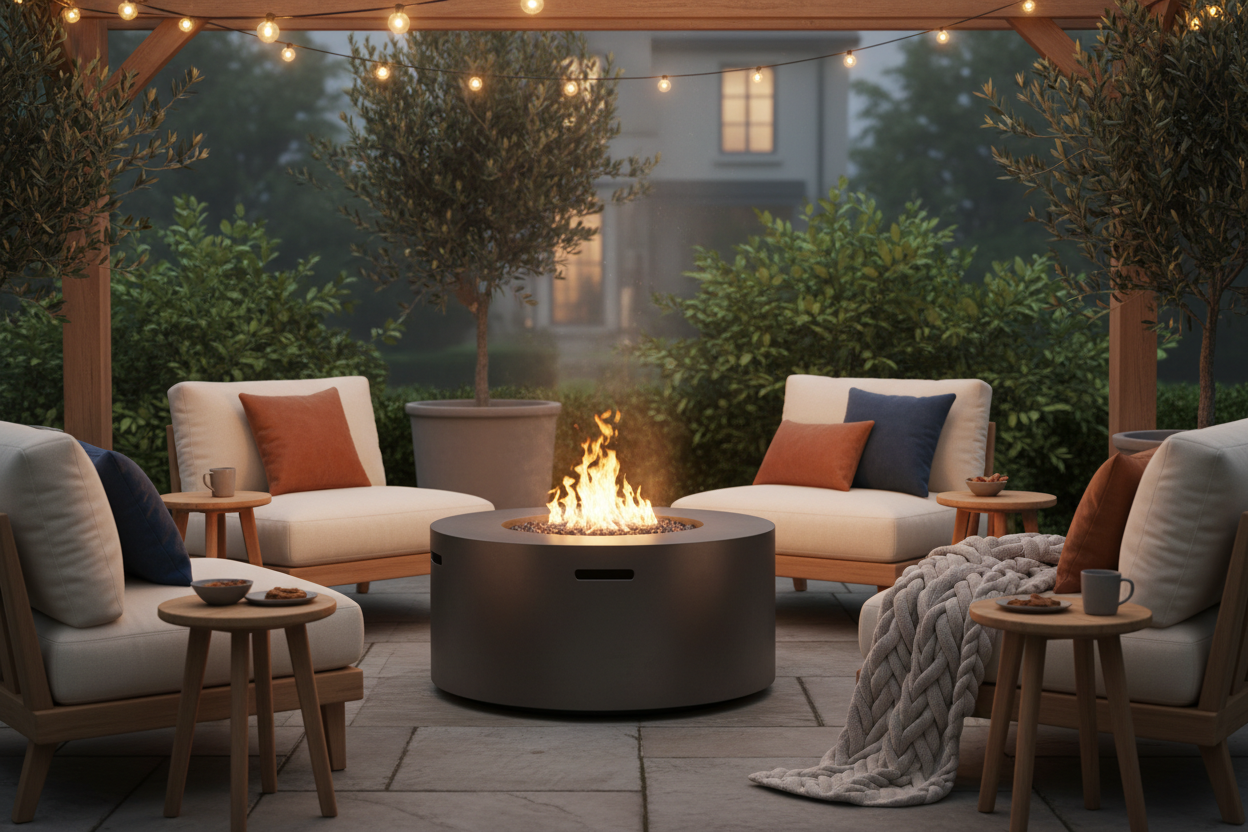 Firpit around outside furniture